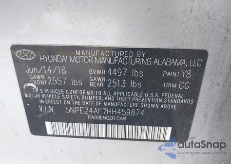 2017 Hyundai Sonata Se z USA, uszkodzony, nr VIN 5NPE24AF7HH459874